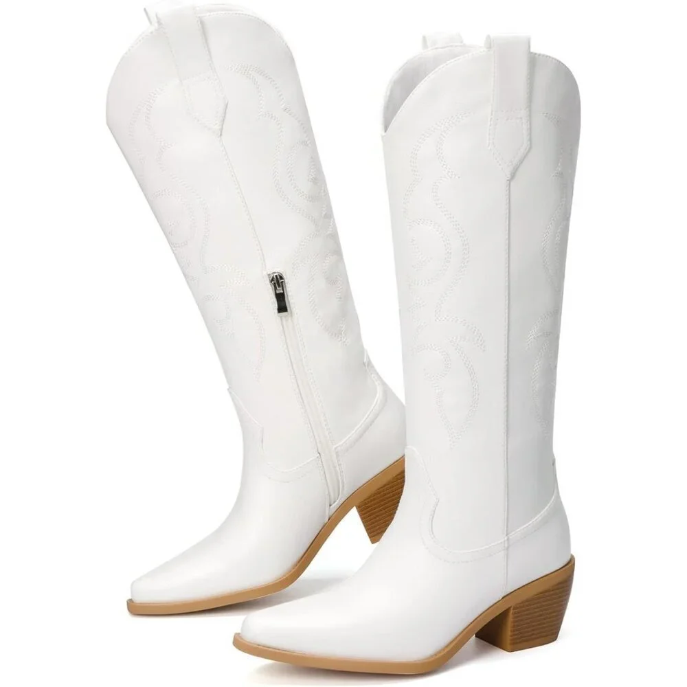 Women's White Knee High Wide Calf Western Glitter Sparkly Ladies Tall Boots